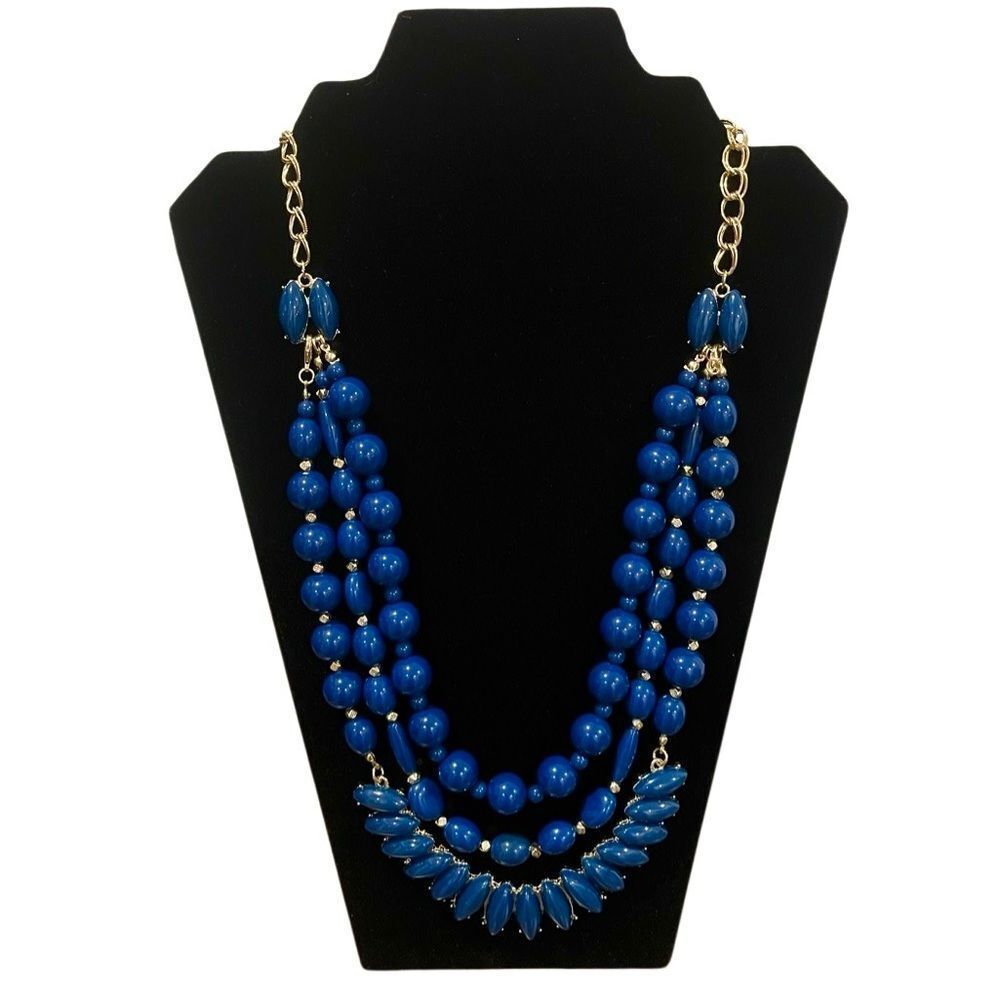 Premier Designs Blue Beaded Multi-Strand Necklace w/ Gold Accents